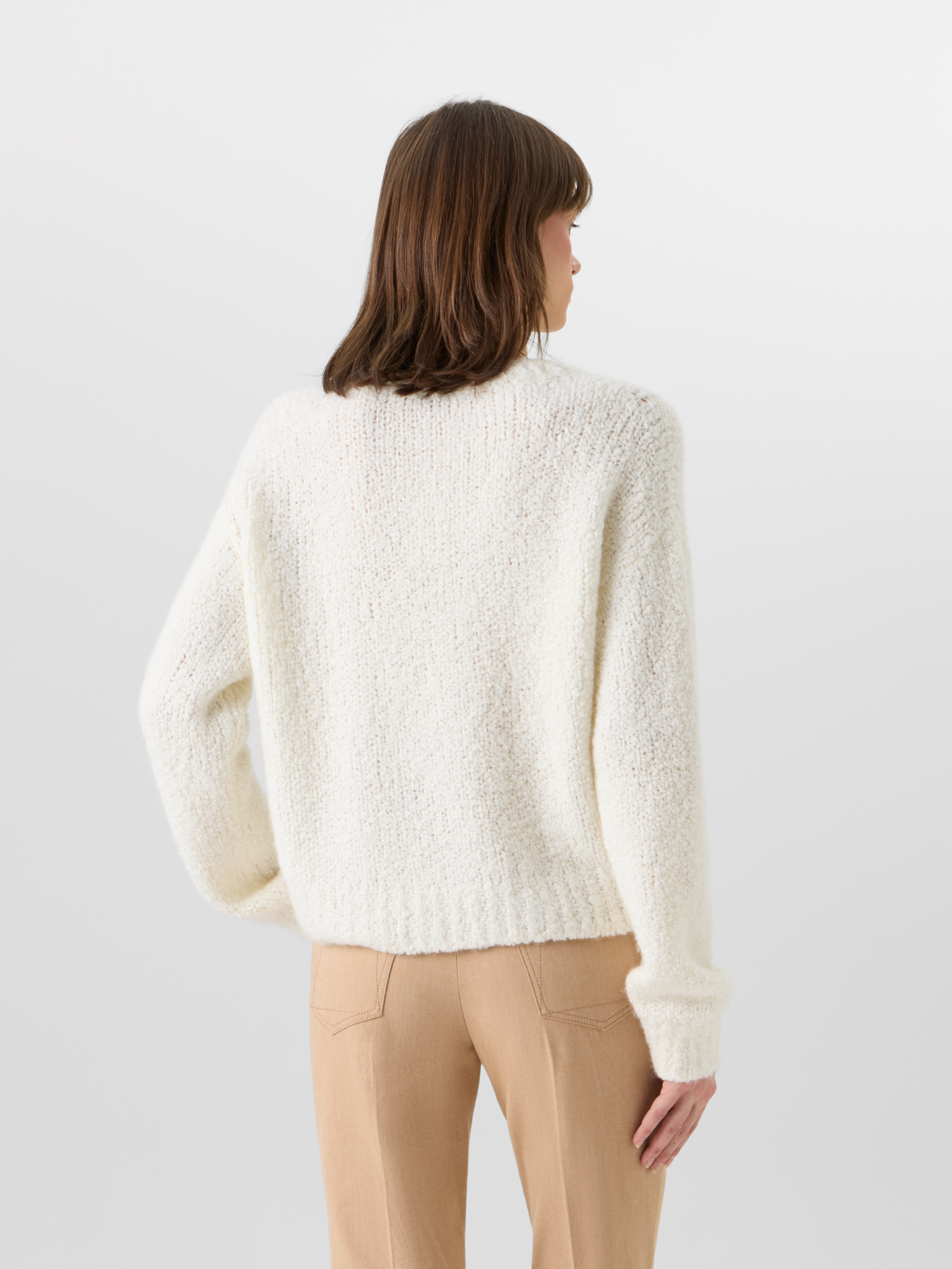 Designer Long-Sleeve Cashmere-Silk Bouclé Knit Sweater - ecru 