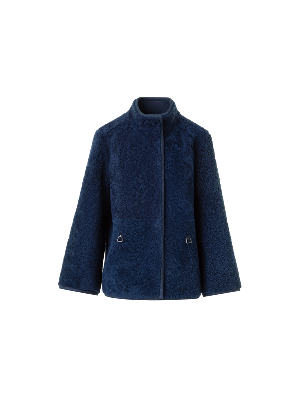 Designer Reversible Shearling Mock Neck Jacket - neutral - navy - blue