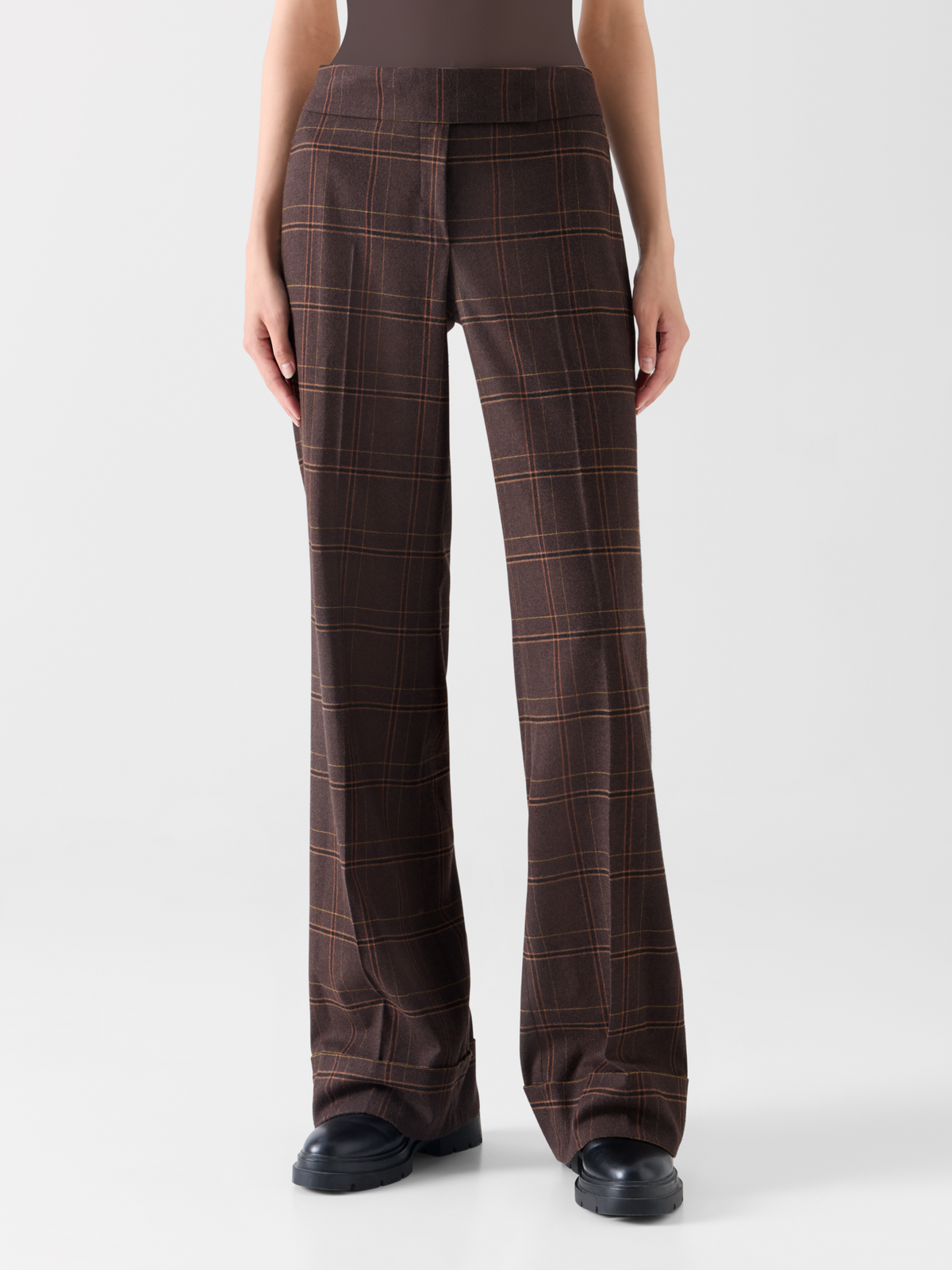 Designer Wide Leg Check Flannel Pants - brown #editorial