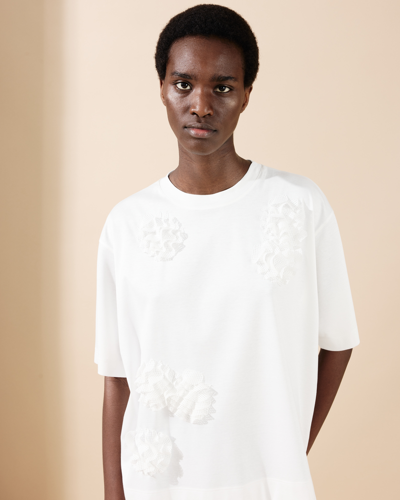 Designer Boxy Cotton T-Shirt with 3D Carnation Detail - neutral - ecru - white 