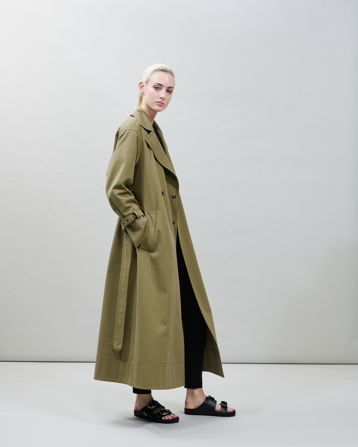 Designer Long Water Repellent Maxi Trench Coat - neutral - green #editorial