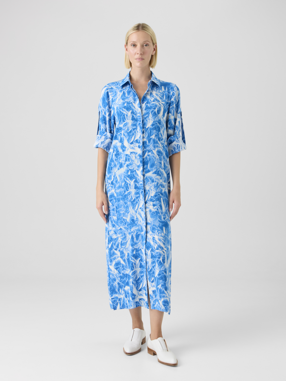 Designer Whitecaps Print Silk Crêpe Midi Tunic Dress - blue - ecru #editorial
