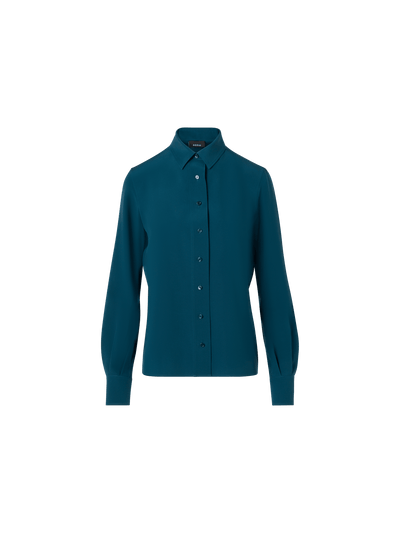 Designer Long-Sleeve Silk Crêpe Tunic Blouse - blue