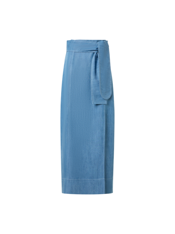 Designer Wrap-Detail Viscose Denim Midi Pencil Skirt - blue