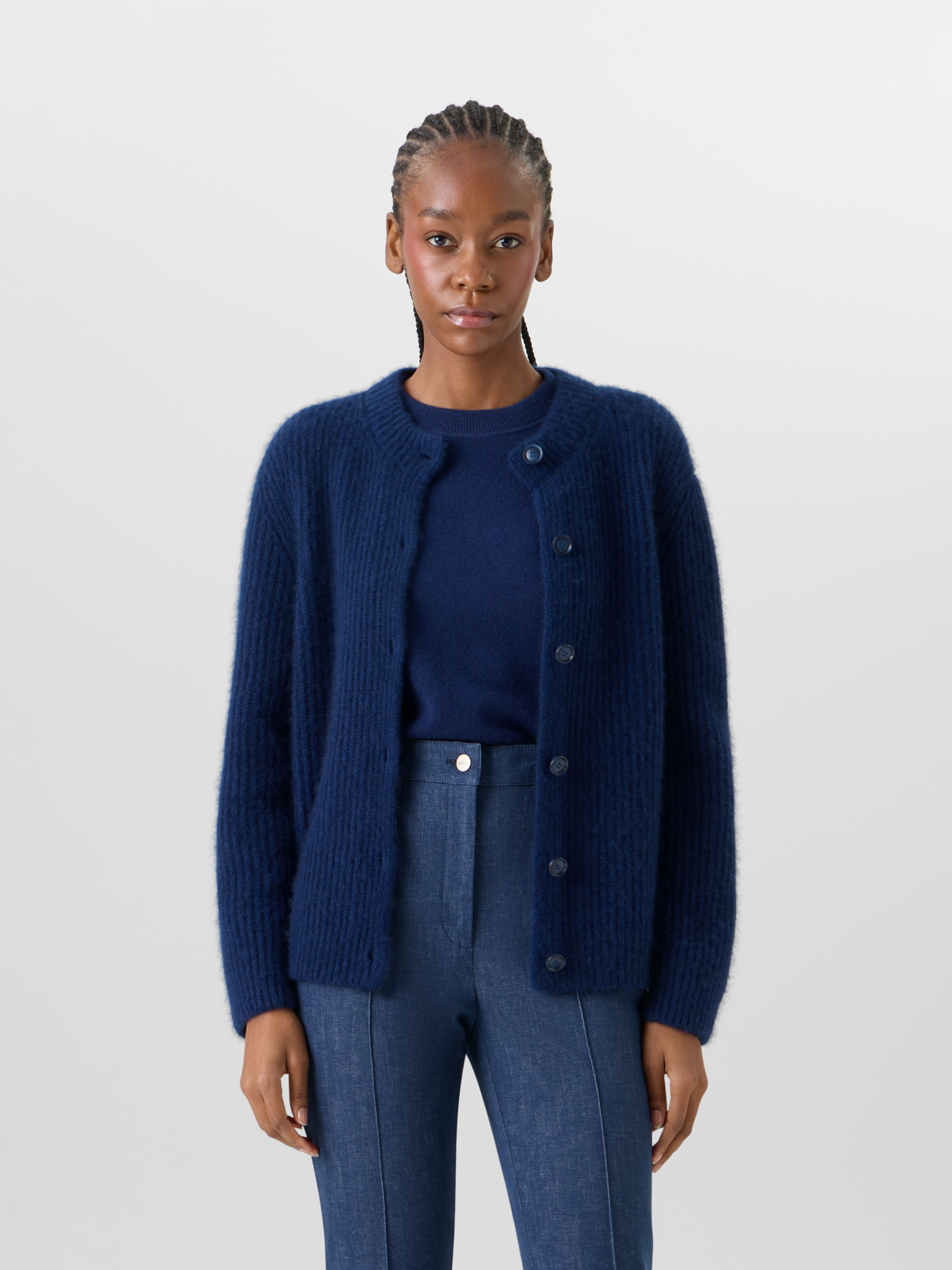 Designer Long-Sleeve Cashmere-Silk Knit Cardigan - blue 