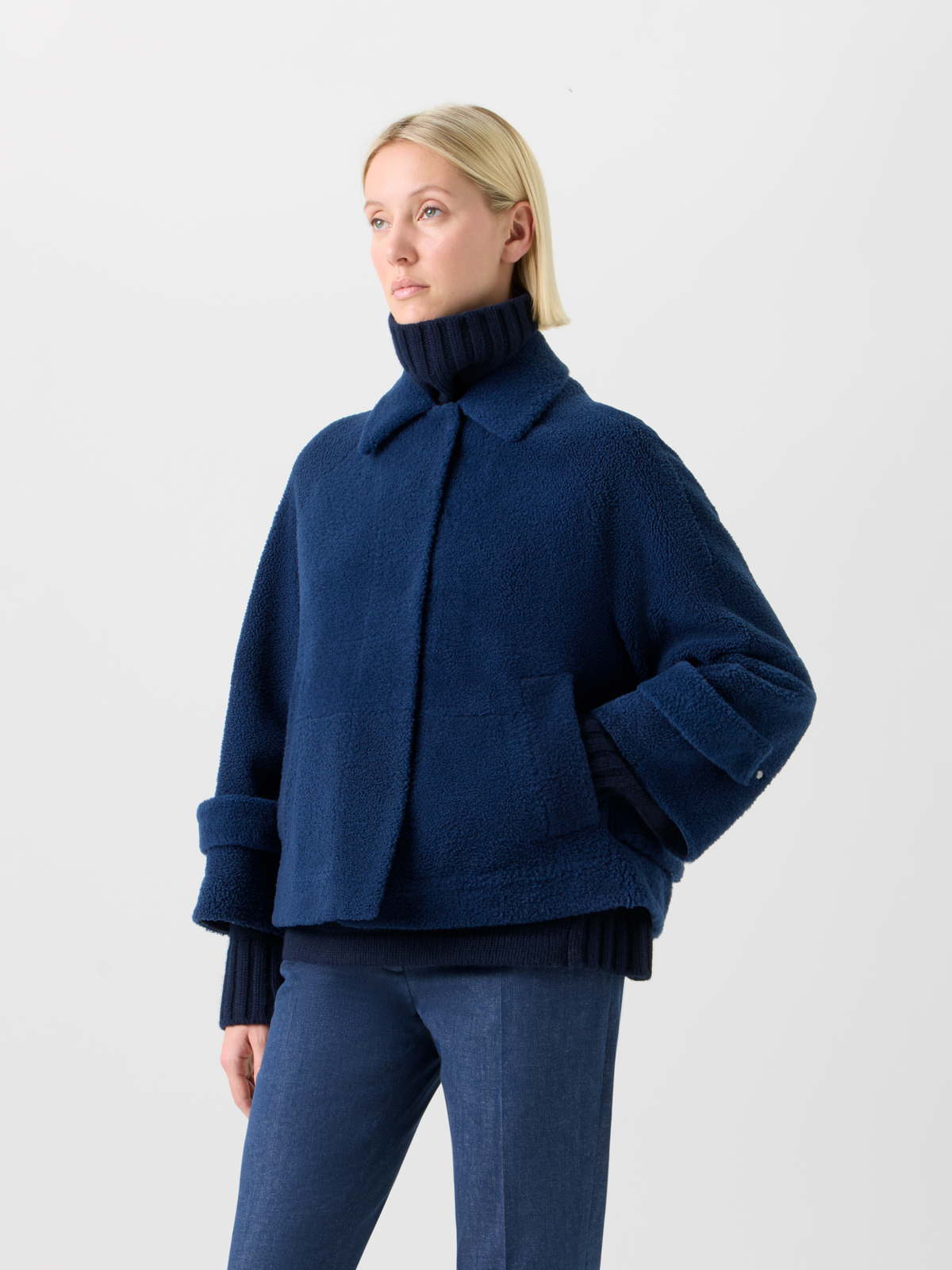 Designer Short A-Line Shearling Jacket - neutral - navy - blue #editorial