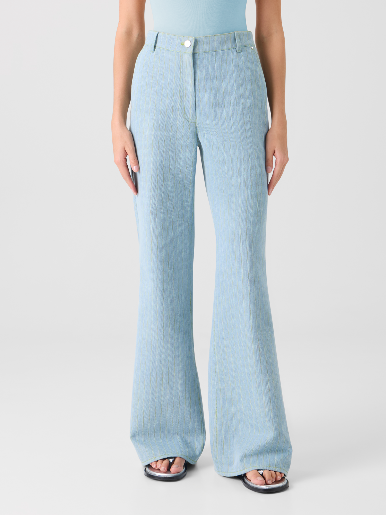 Designer Celia Mid-Rise Pinstripe Bootcut Denim Pants - blue