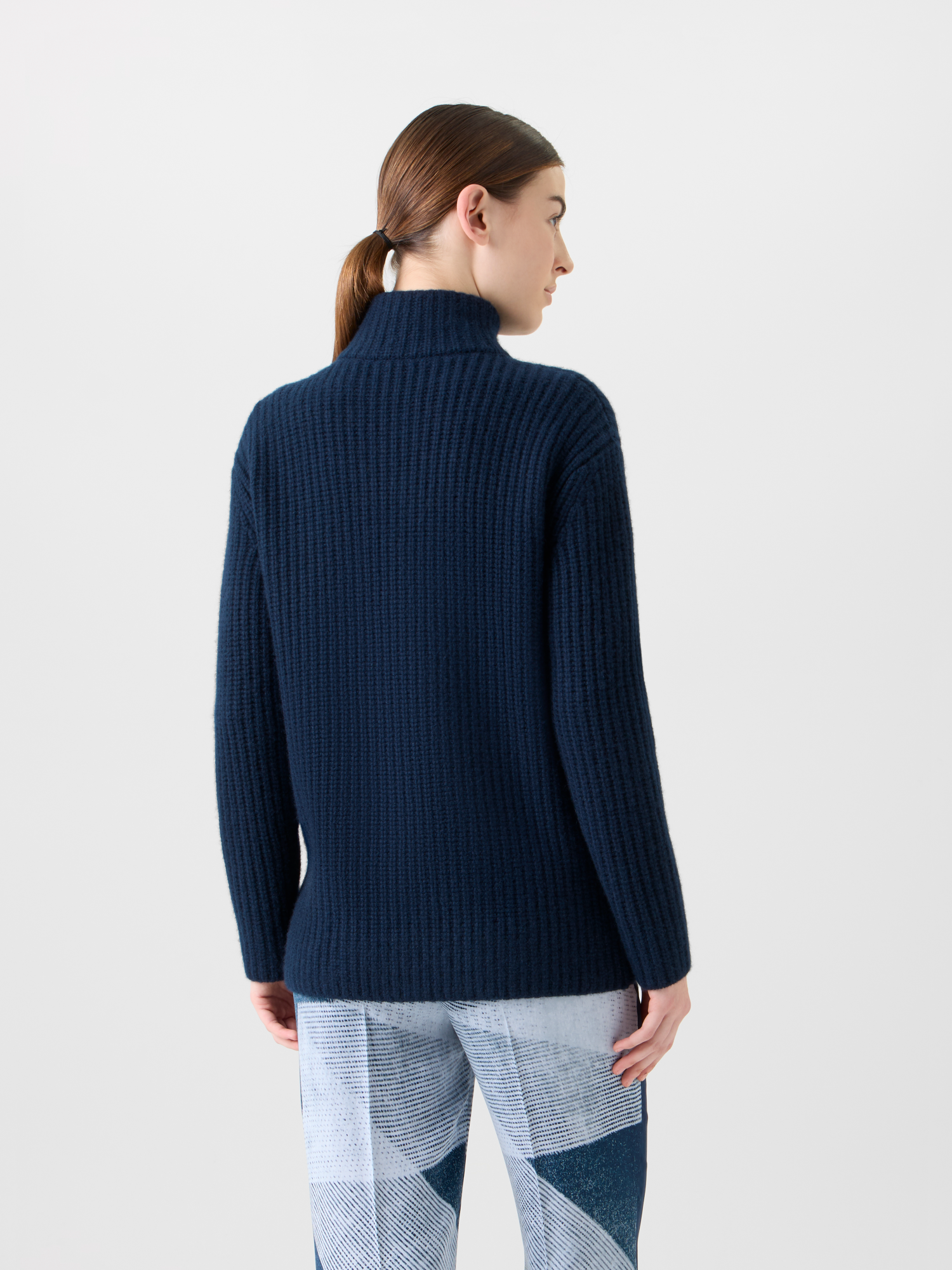 Designer Cashmere Mock Neck Chunky Knit Cardigan - neutral - navy - blue 