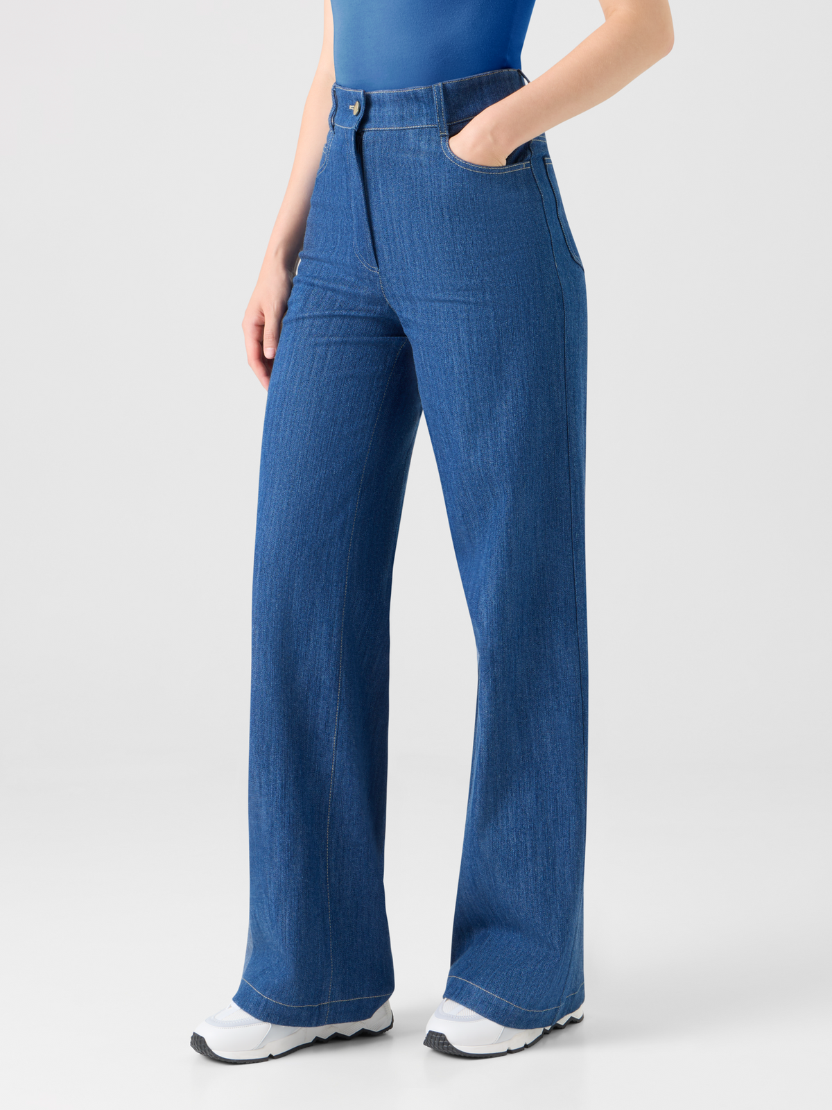 Designer Wide Cotton Denim Stretch Pants - navy - blue #editorial
