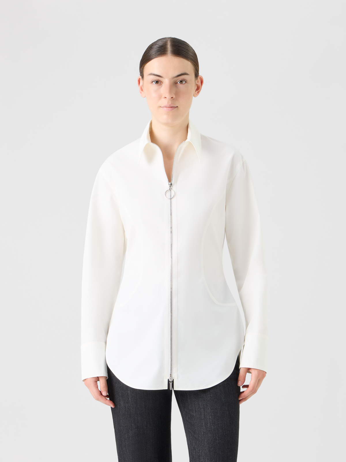 Designer Cinched Cotton Poplin Zip Blouse - ecru #editorial
