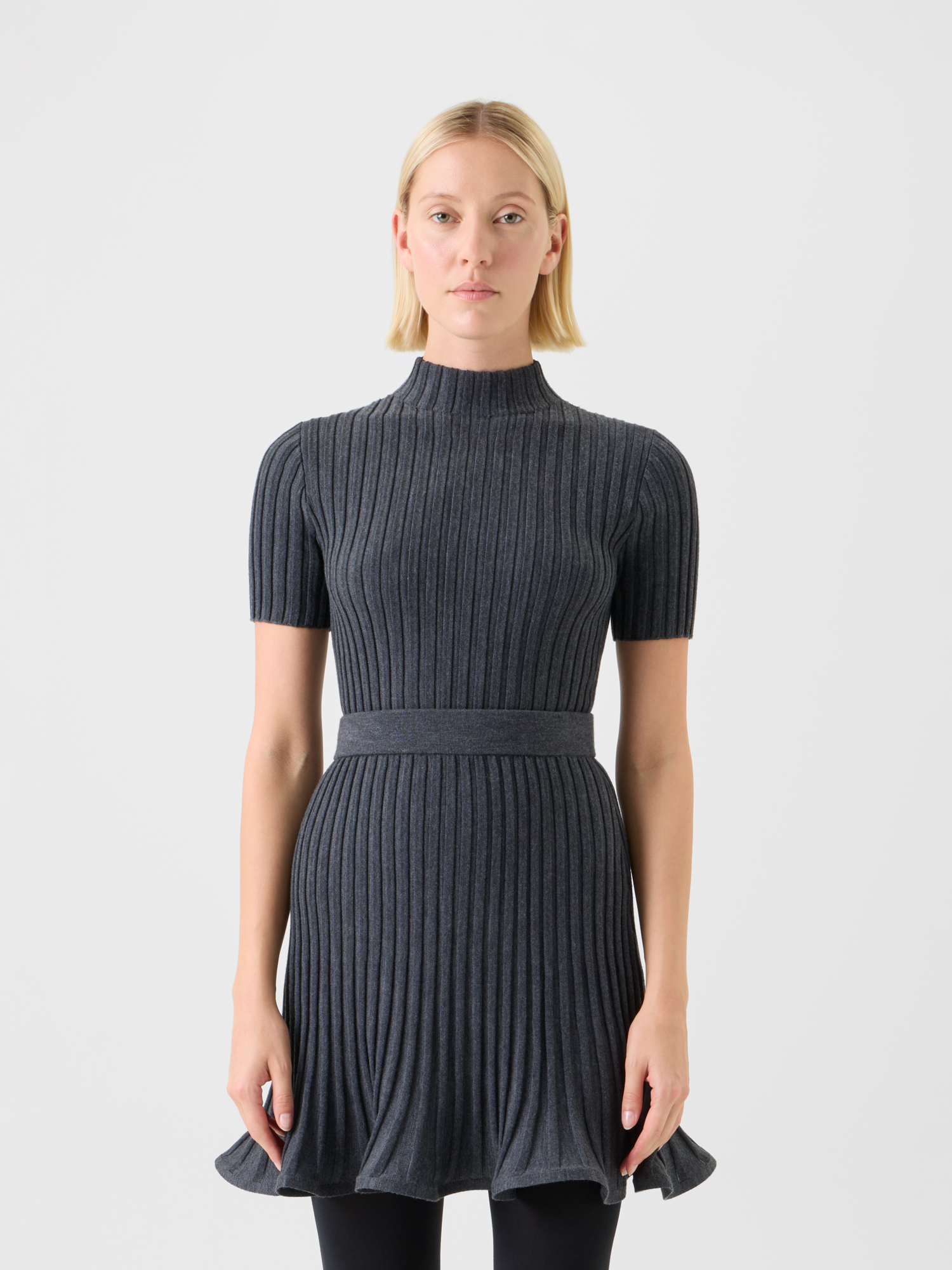 Designer Fitted Merino Wool Rib Mock Neck Knit Top - neutral - grey 