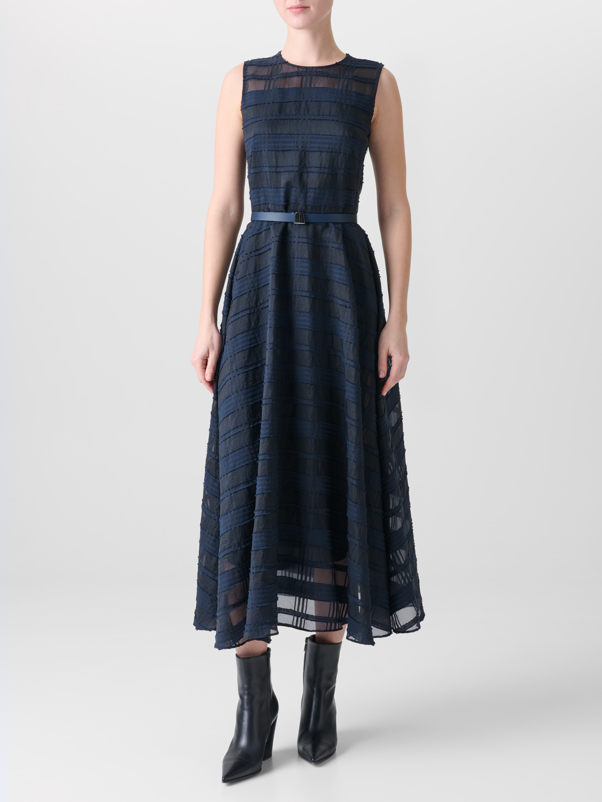 Designer Plaid Fit and Flare Midi Dress - neutral - navy - blue