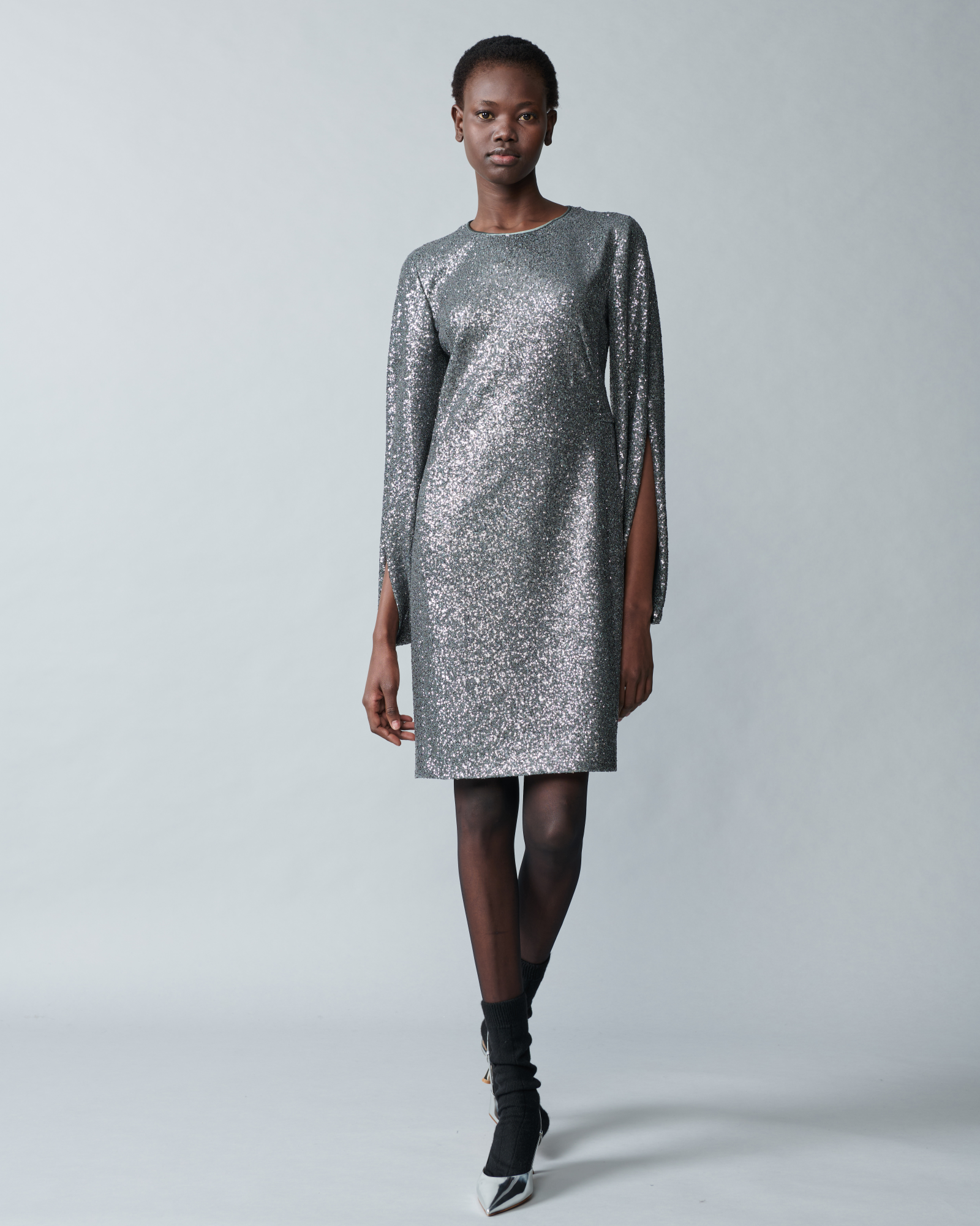 Designer Sequin Cocktail Dress with Long Volume Sleeves - grey - silver 