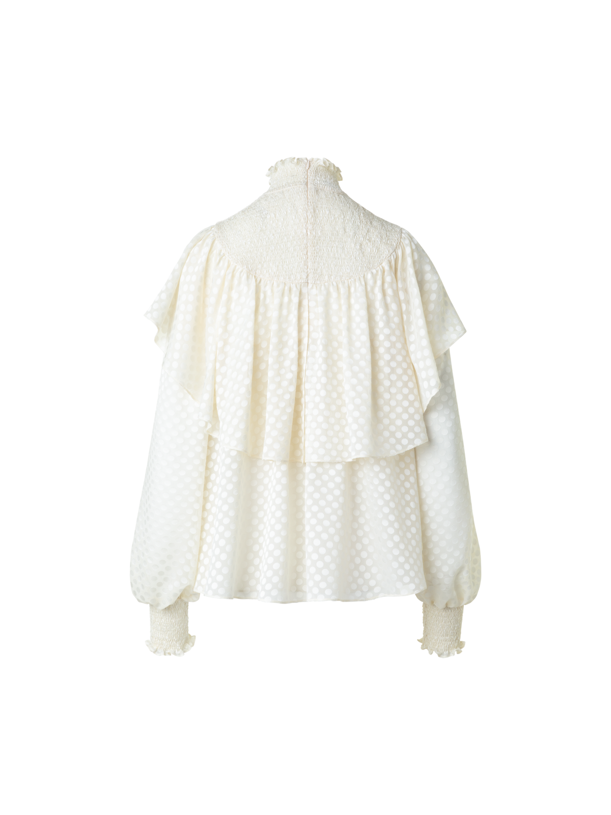 Designer Boho Smocked Flounce Shoulder Dotted Blouse - neutral - ecru - white