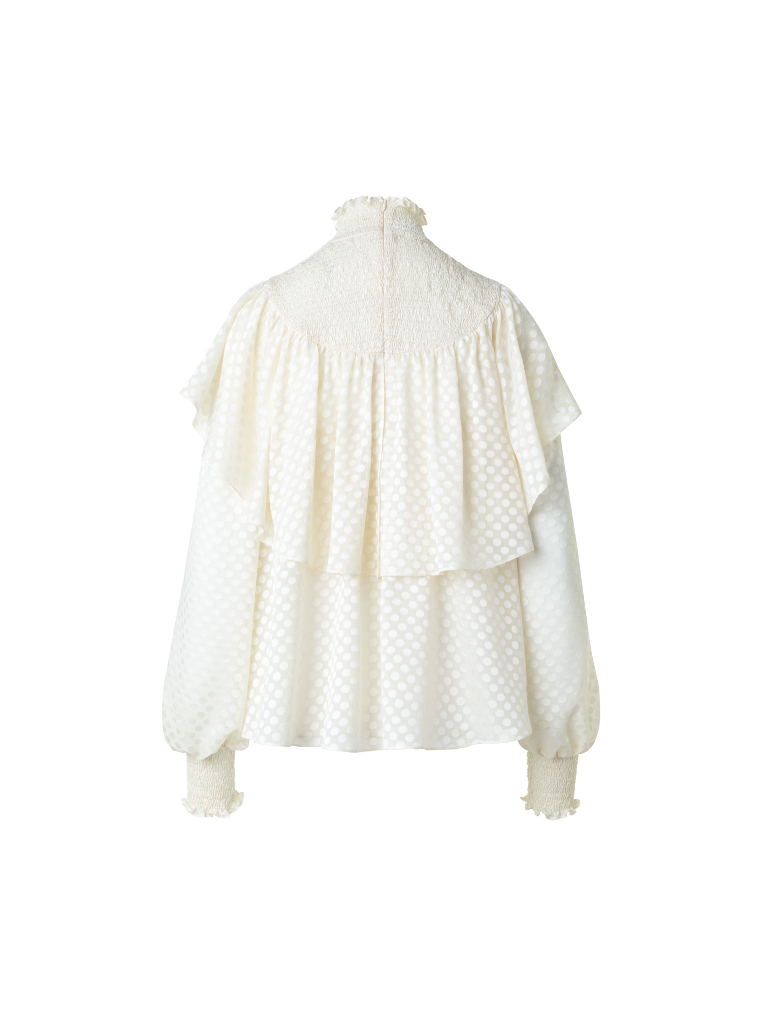 Designer Boho Smocked Flounce Shoulder Dotted Blouse - neutral - ecru - white