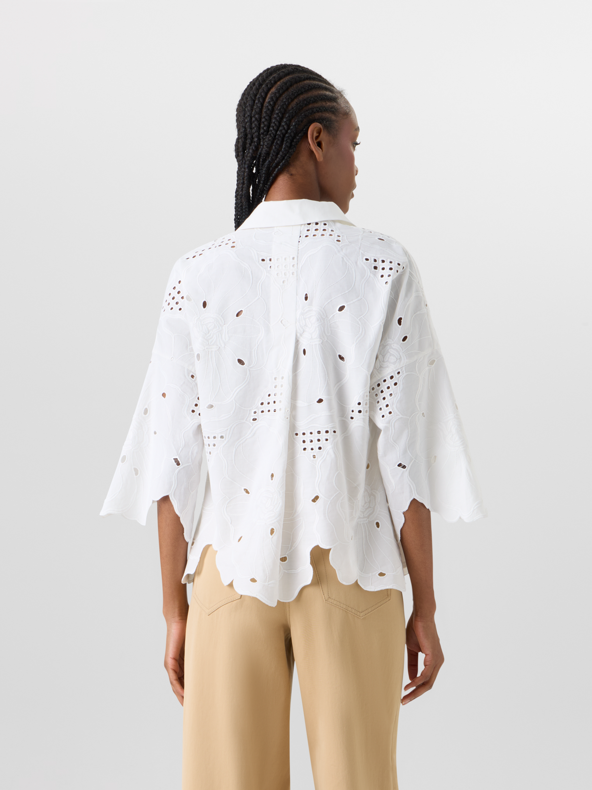 Designer 3/4-Sleeve Flower Eyelet Blouse - white #editorial