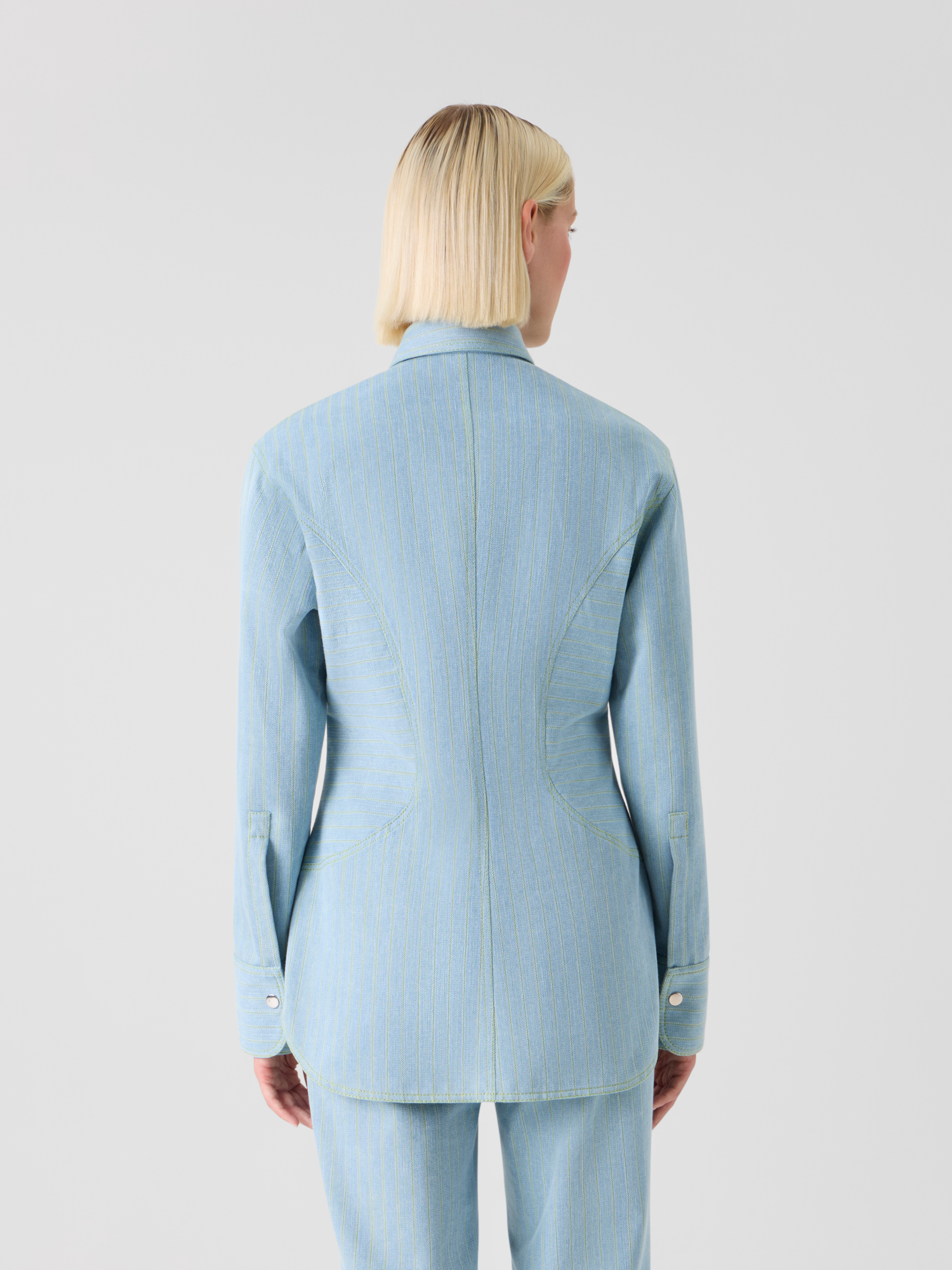 Designer Pinstripe Denim Fitted Blouse - pastel - blue