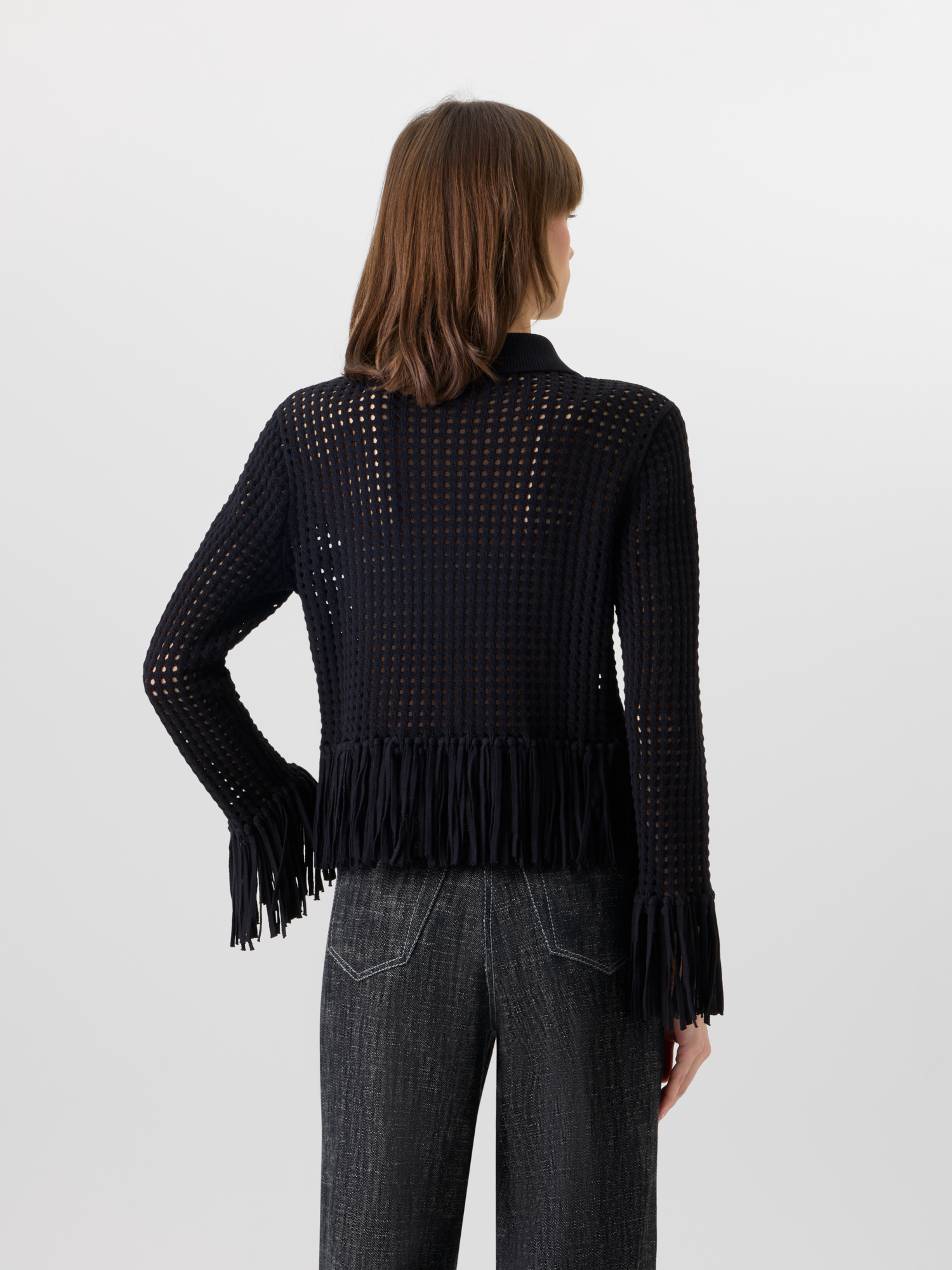 Designer Short Long-Sleeve Chunky Cotton Mesh Knit Cardigan - black 