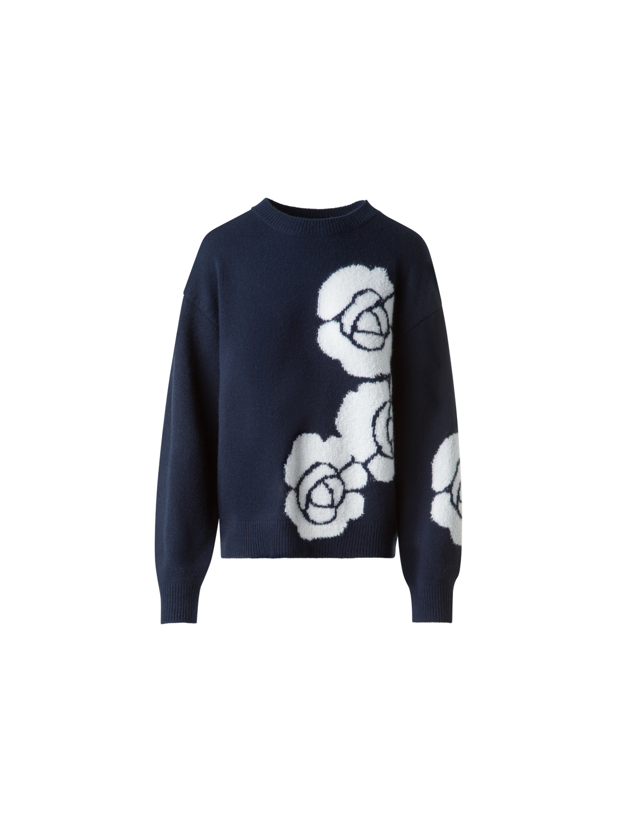 Designer Cashmere Silk Knit Sweater with Anemone Intarsia - neutral - navy - blue - multicolor