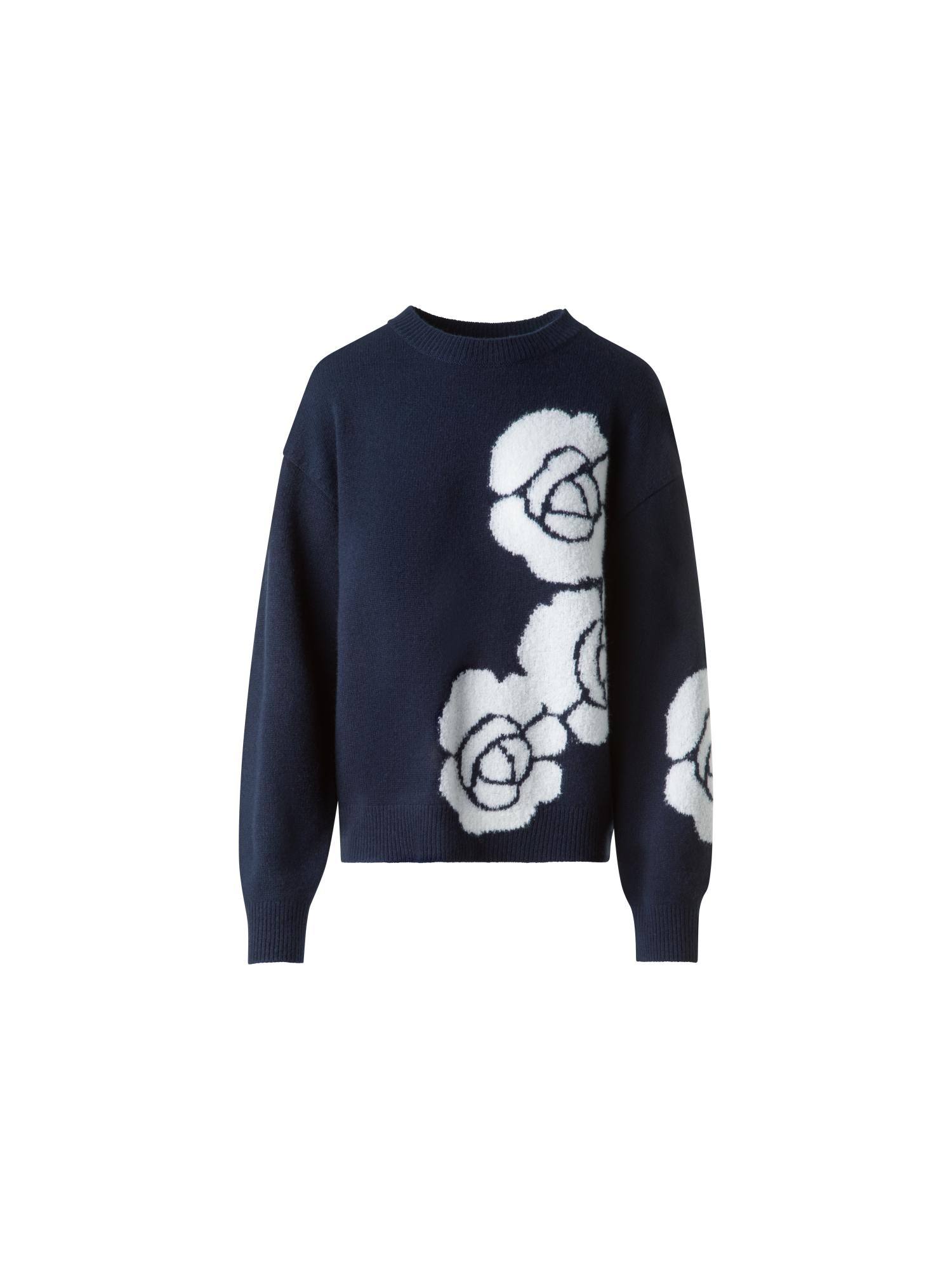 Designer Cashmere Silk Knit Sweater with Anemone Intarsia - neutral - navy - blue - multicolor