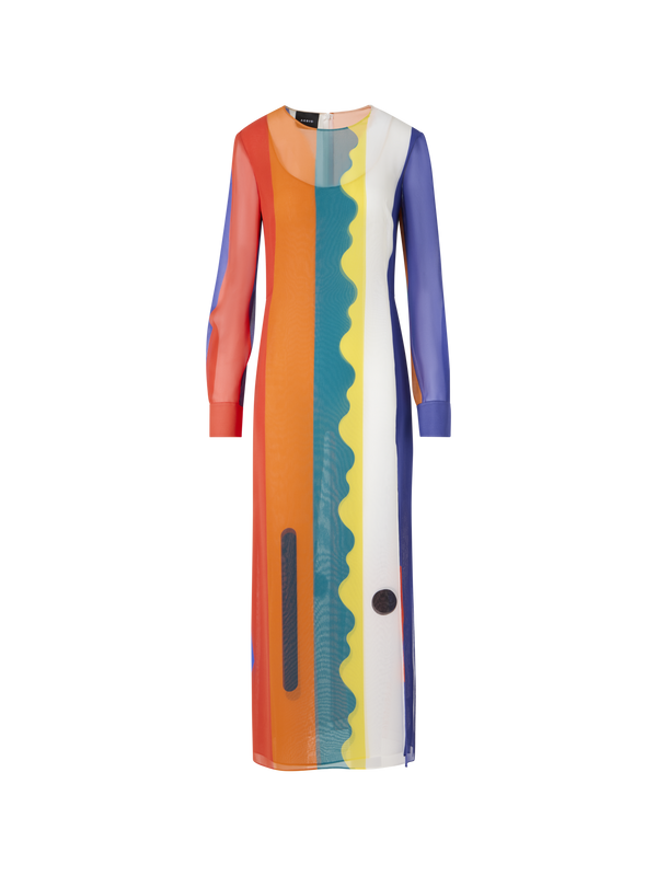 Designer Silk Long Dress with Paravent Print - multicolor