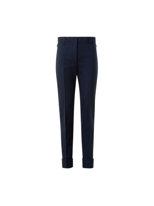 Designer Cropped Tapered Stretch Wool Flannel Pants - neutral - navy - blue