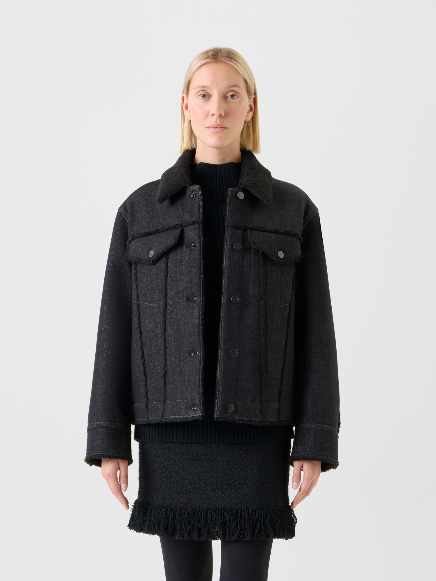 Designer Felted Wool Jacket with Faux Leather Collar - black - neutral 