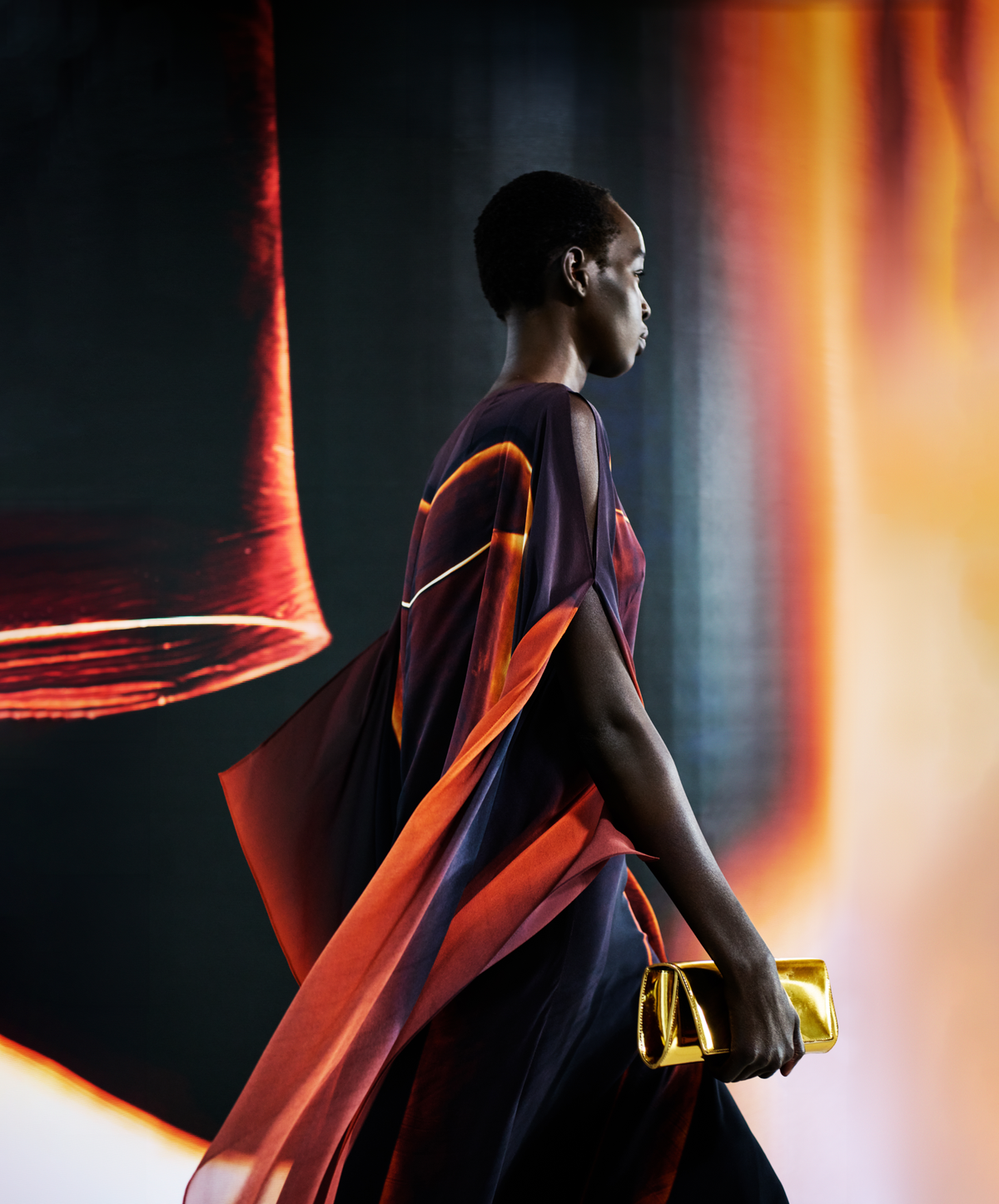 Designer Caftan Silk Gown with Tube Print - brown - multicolor - orange #editorial