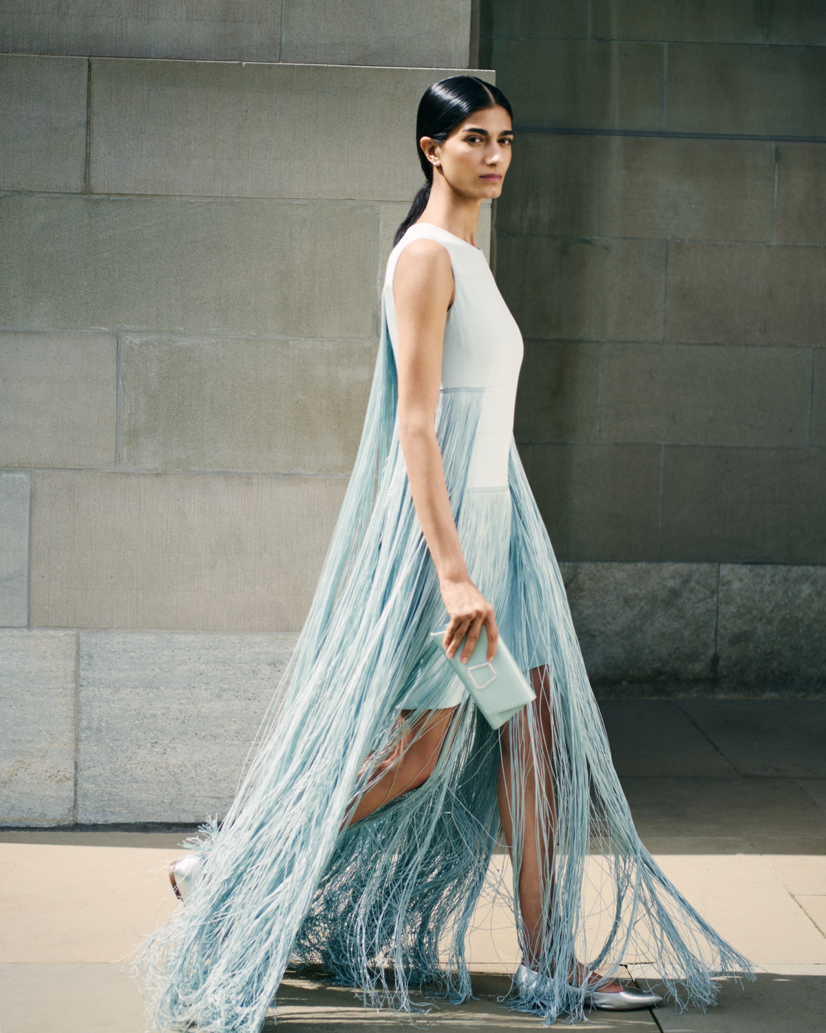 Designer Long Silk Gown with Asymmetrical Fringes - blue #editorial