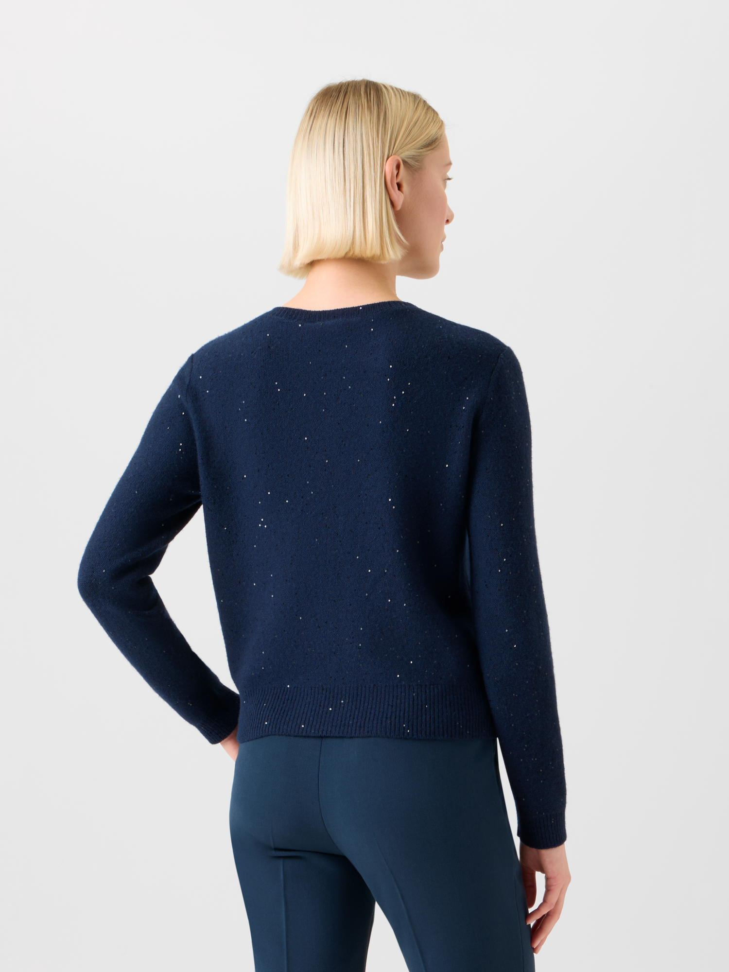 Designer Sequin Wool Cashmere Knit Cardigan - neutral - navy - blue 