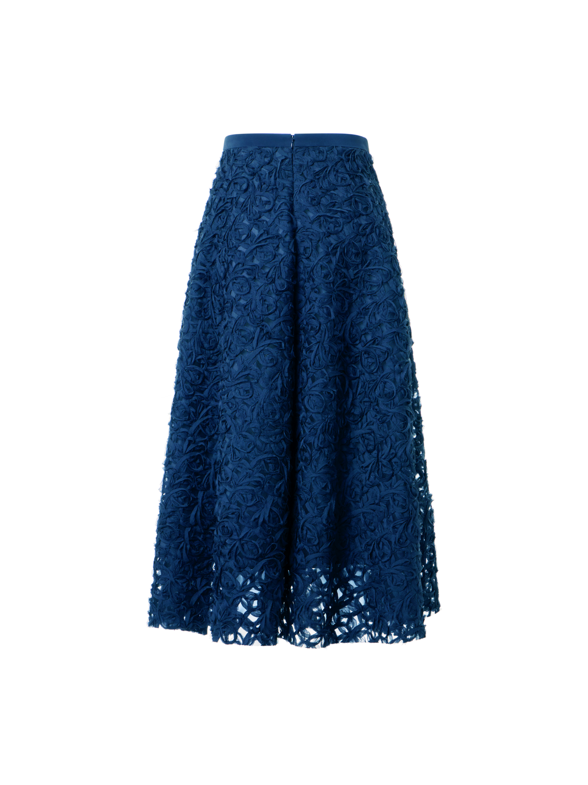 Designer Flared Carnation Embroidered Tulle Midi Skirt - navy - blue