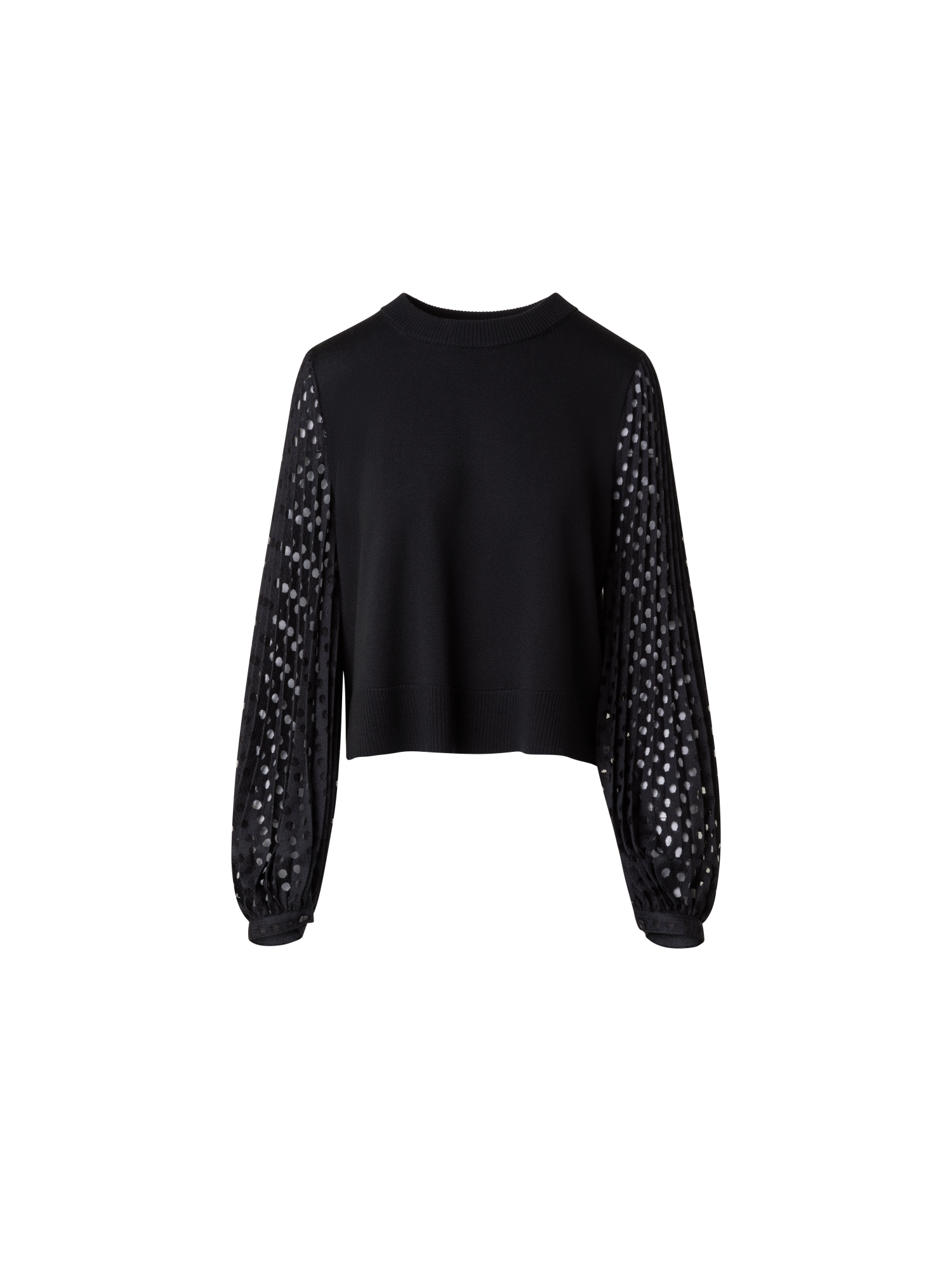 Designer Mixed Media Wool Knit Sweater with Lace Sleeves - black