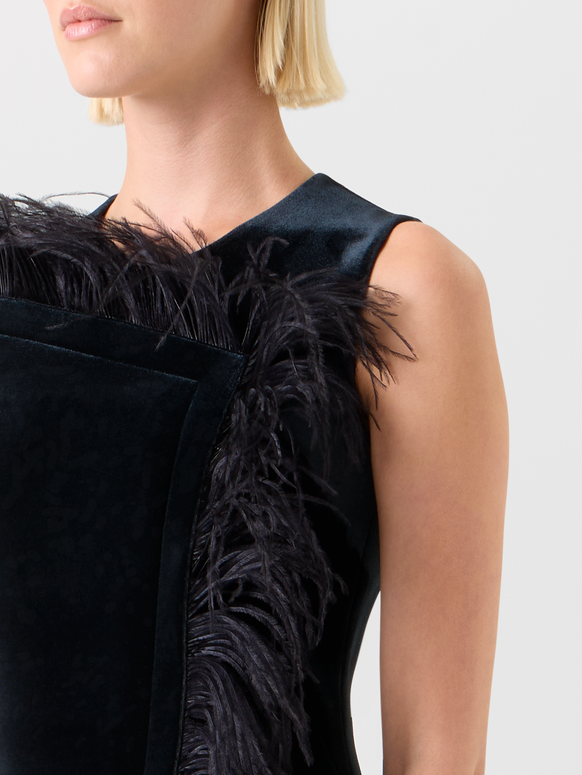 Designer Short Velvet Neoprene Dress with Feather Trim - black - neutral #editorial