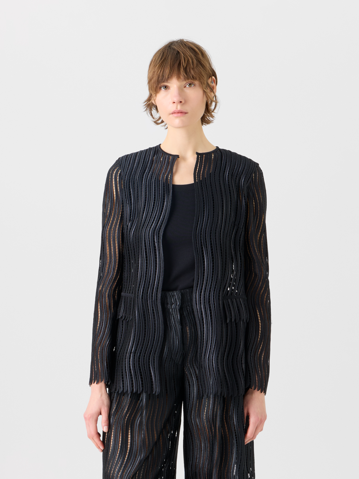 Designer Hekka Long Sheer Wave Guipure Jacket - black #editorial