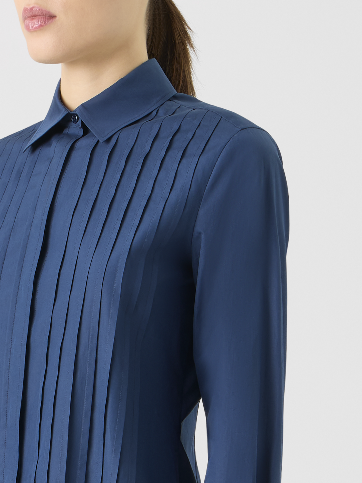 Designer Cotton Poplin Blouse with Pleated Front - blue #editorial