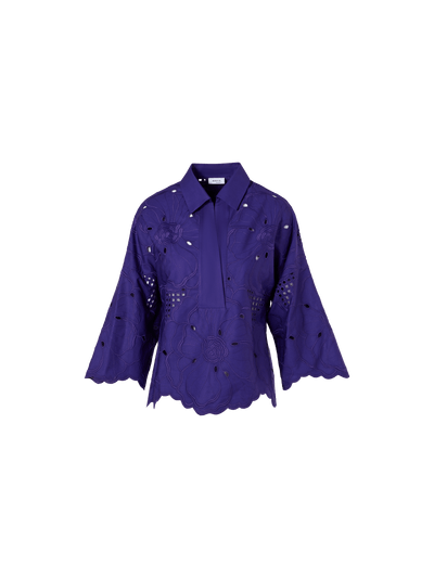 Designer 3/4-Sleeve Flower Eyelet Blouse - purple