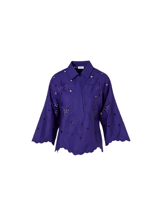 Designer 3/4-Sleeve Flower Eyelet Blouse - purple