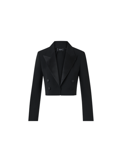 Designer Cropped Wool Double-Face Jacket with Satin Lapel - black
