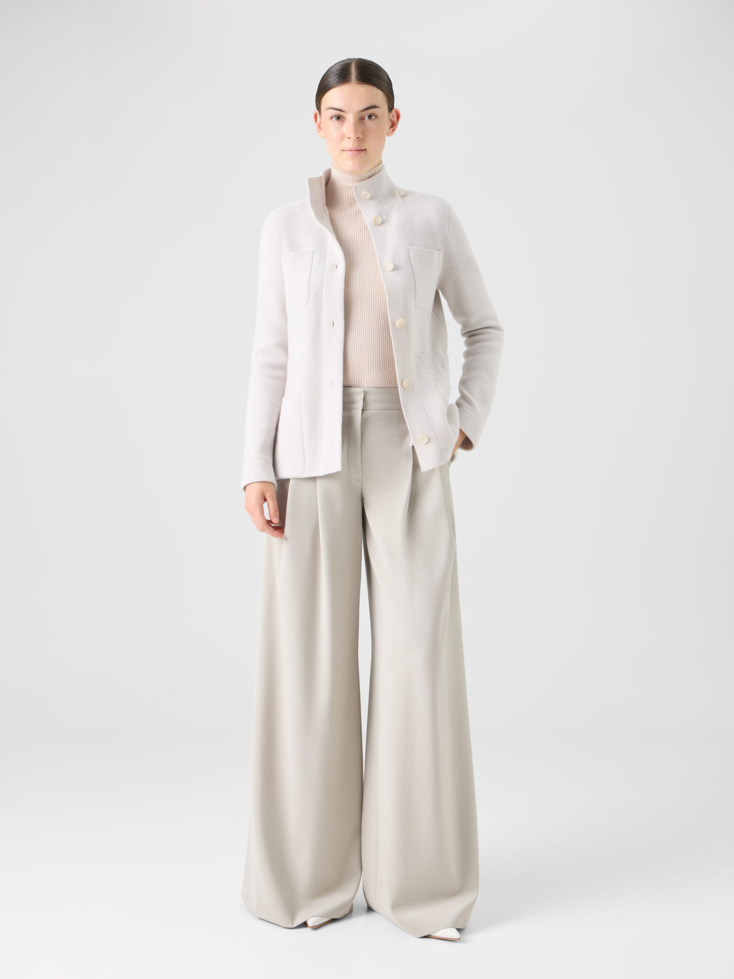 Designer Cashmere Piqué Hooded Knit Jacket - beige 