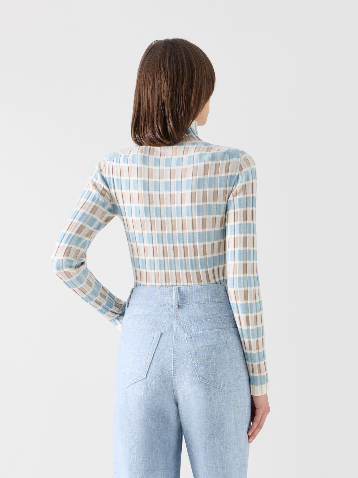 Designer Merino Wool Ribbed Sweater with Check Intarsia - multicolor #editorial