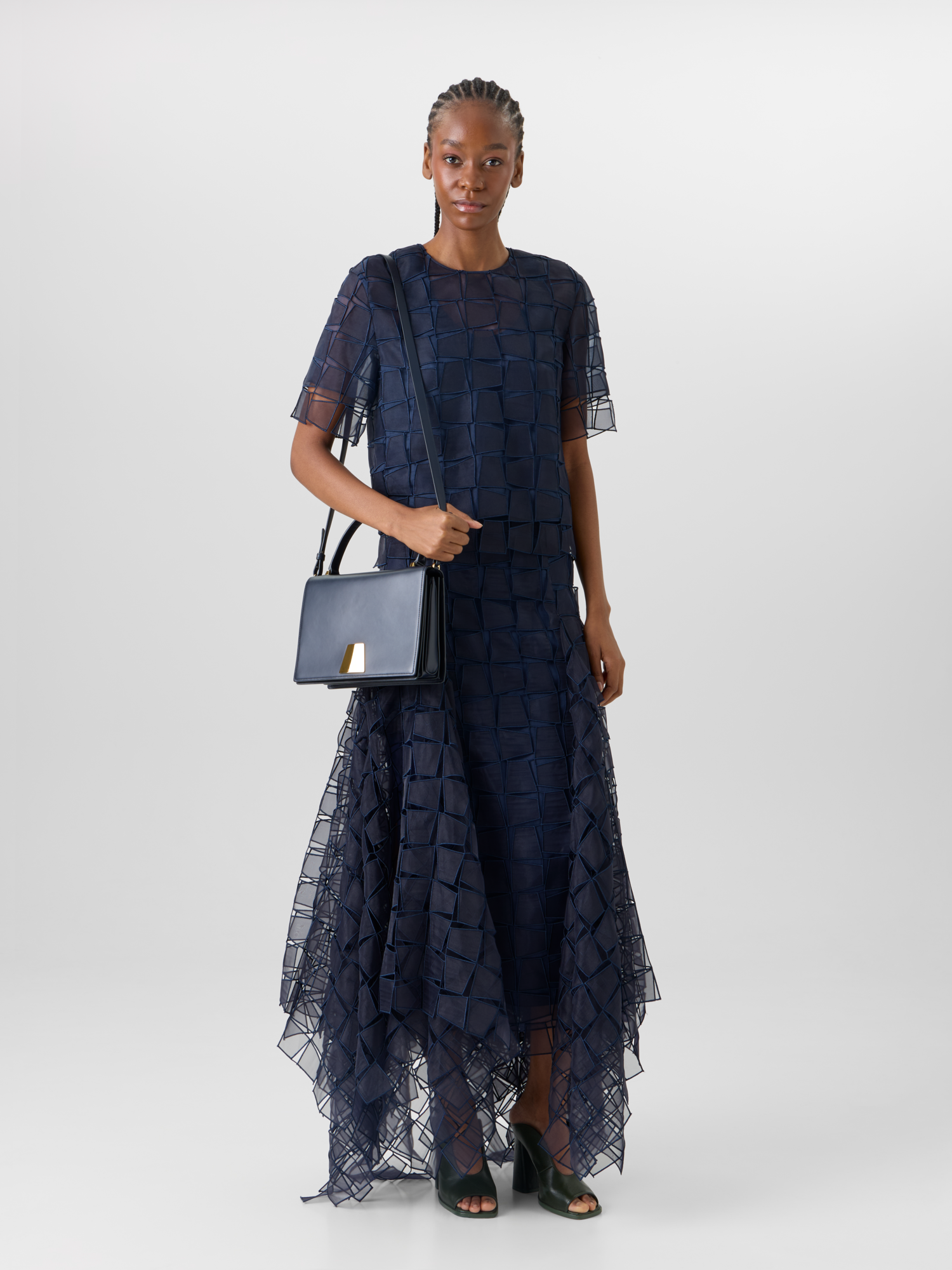 Designer Short-Sleeve Trapezoid Organza Blouse - navy 