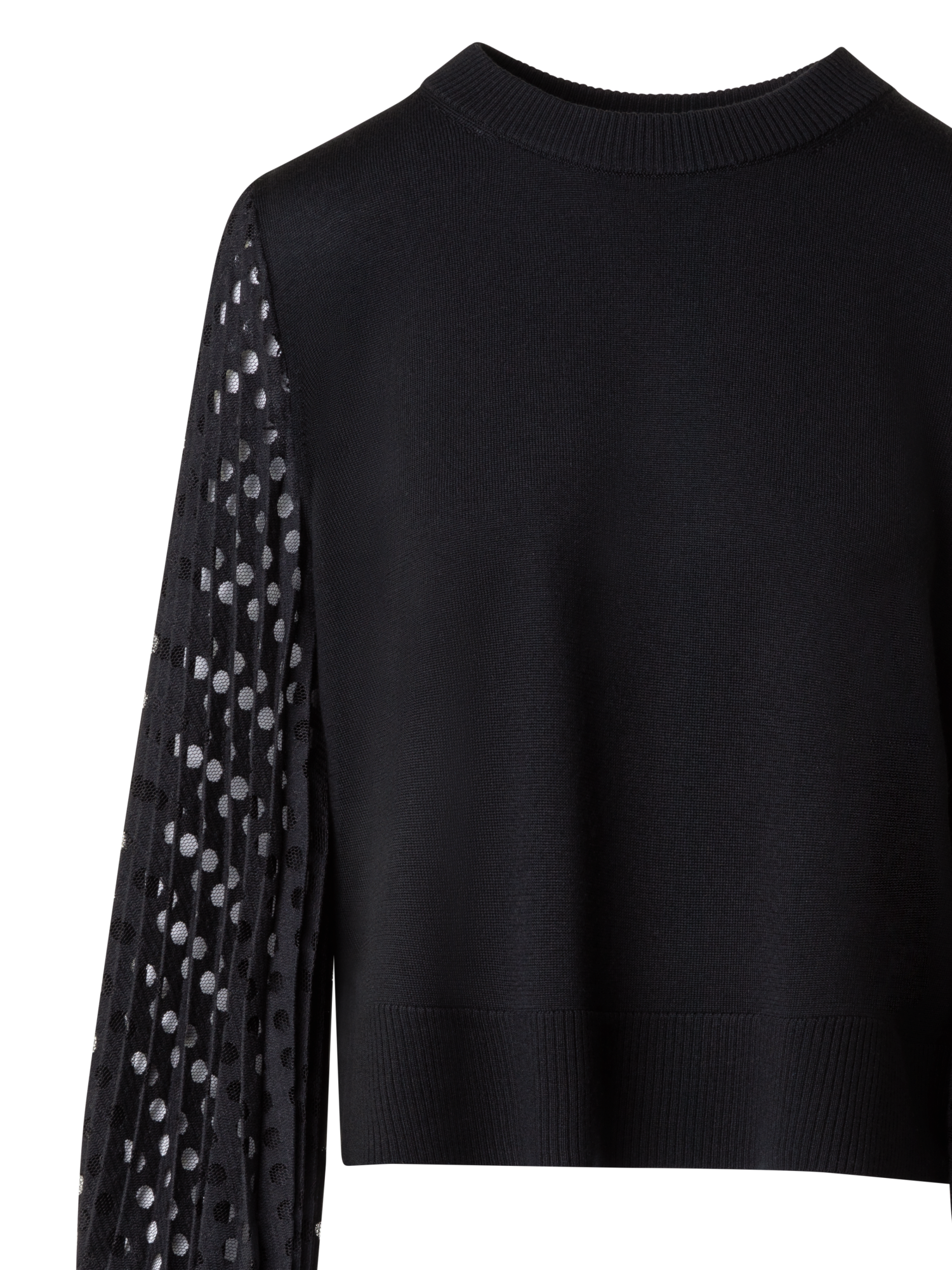 Designer Mixed Media Wool Knit Sweater with Lace Sleeves - black