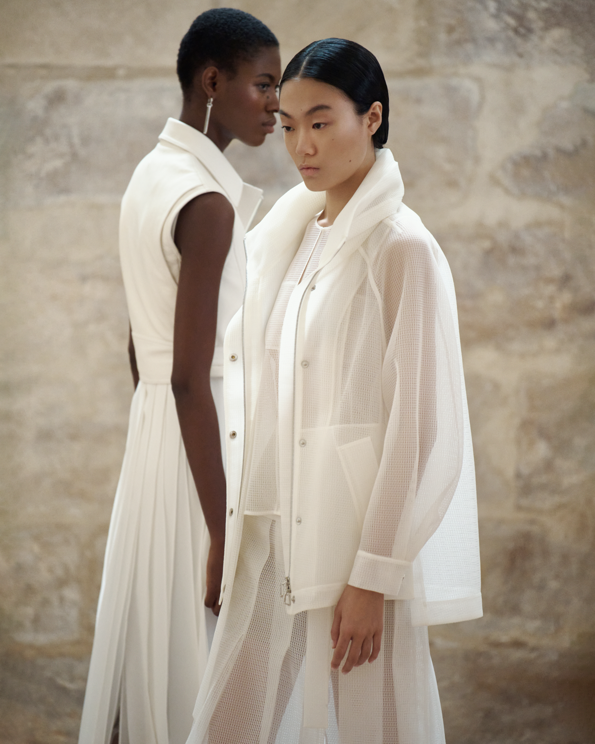 Designer Water Repellent Parka in Sheer Techno-Grid - neutral - white #editorial