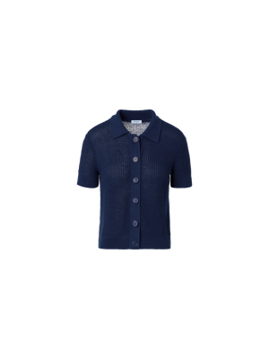 Designer Linen-Cotton Short-Sleeve Knit Cardigan - navy - blue