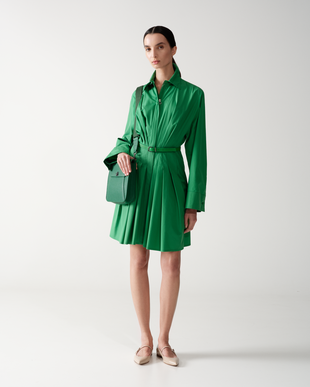 Designer Pleated Cotton Shirt Dress - green #editorial