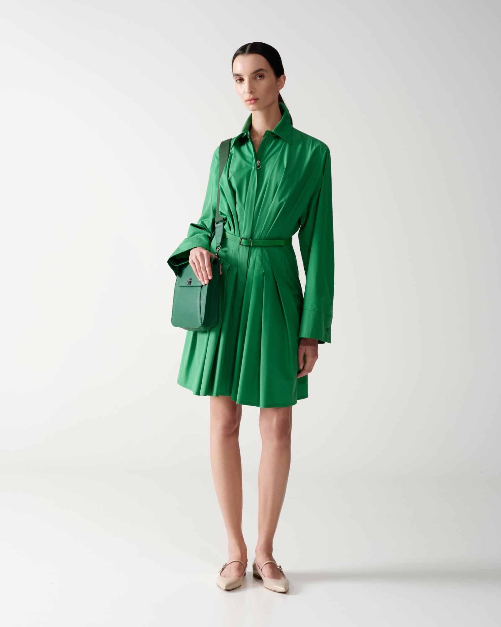 Designer Pleated Cotton Shirt Dress - green 