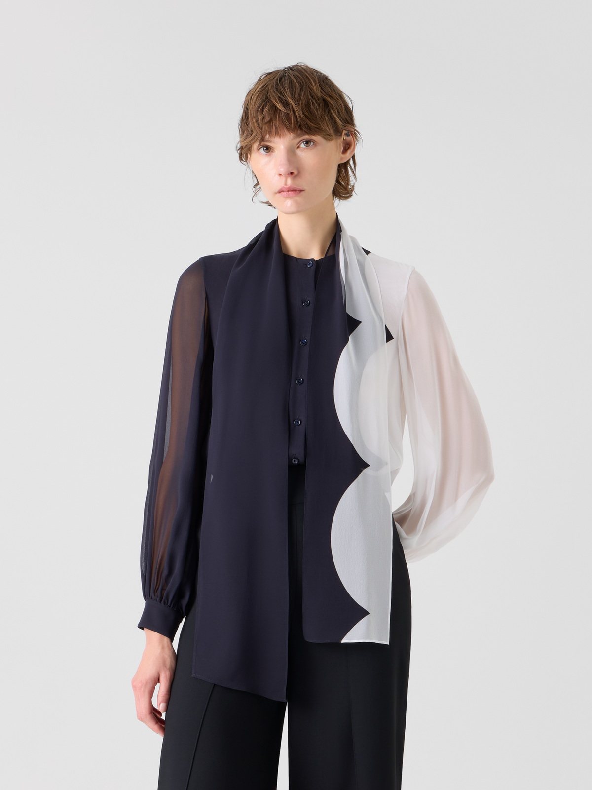 Designer Silk Blouse with Volume Sleeves - multicolor