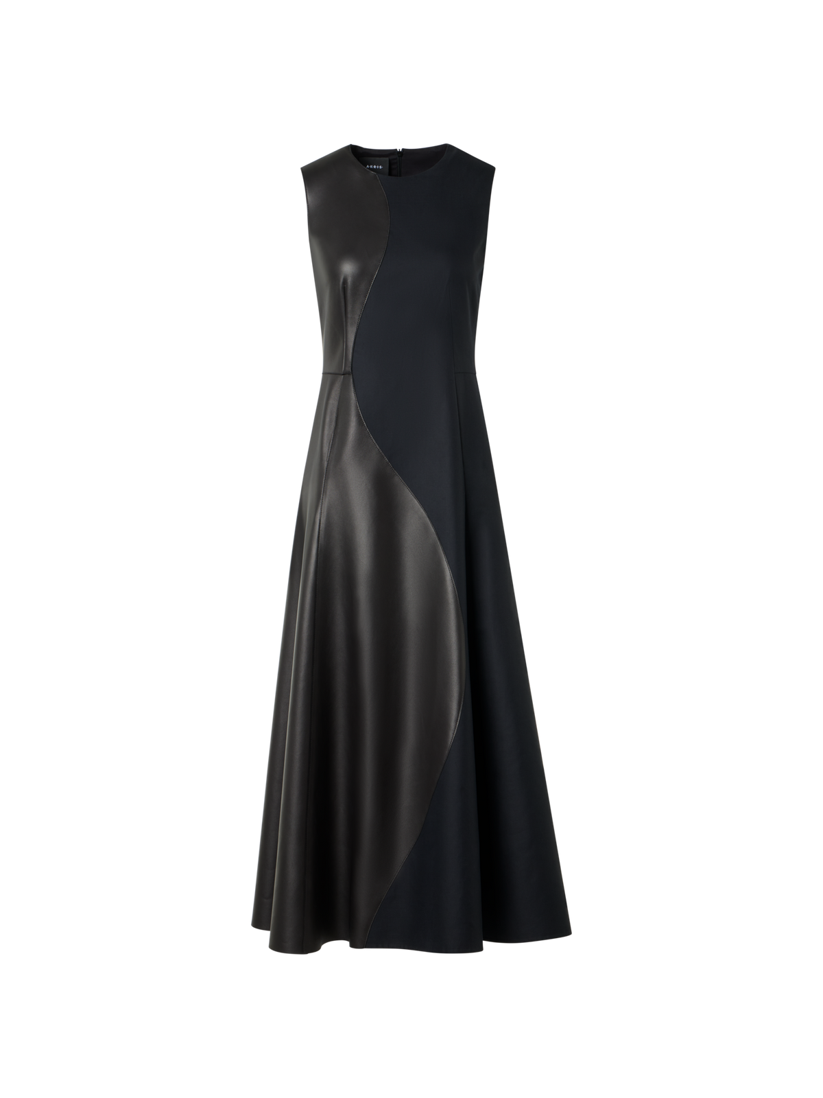 Designer Flared Midi Dress with Leather Patchwork - black
