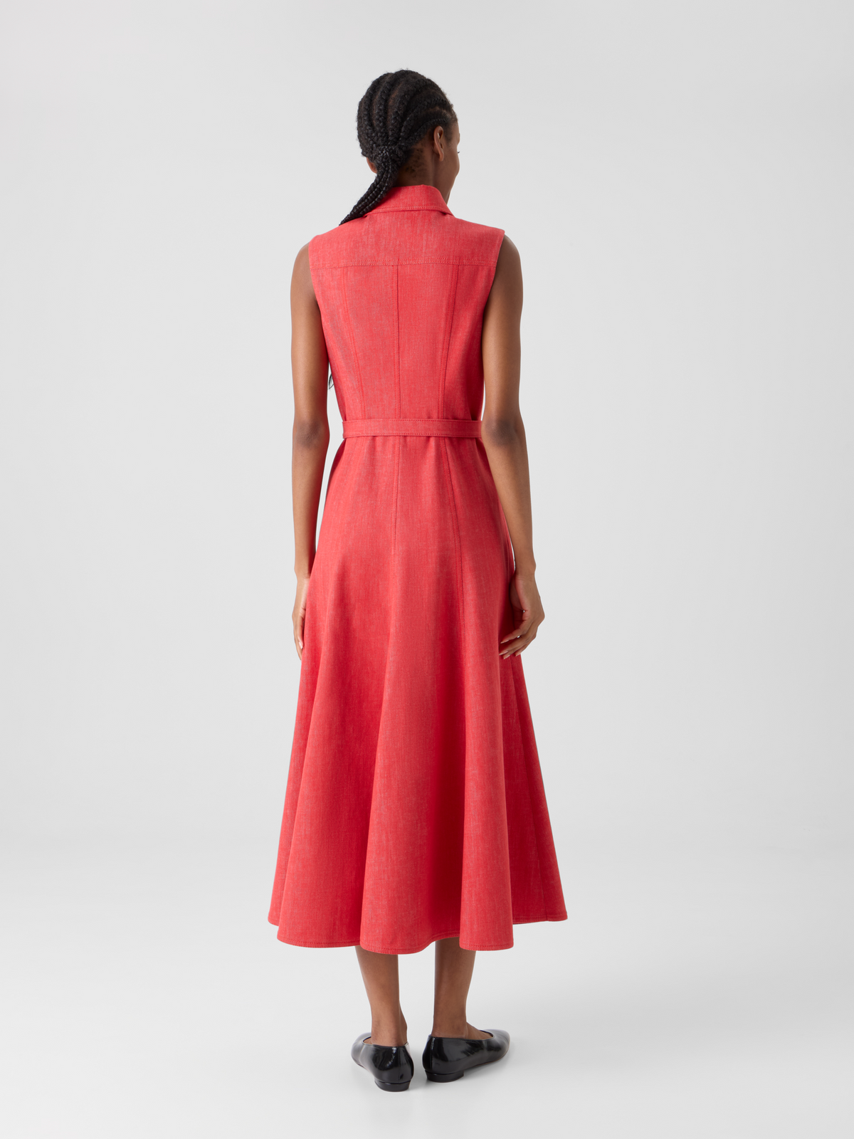 Designer Fit and Flare Denim Midi Dress - red #editorial