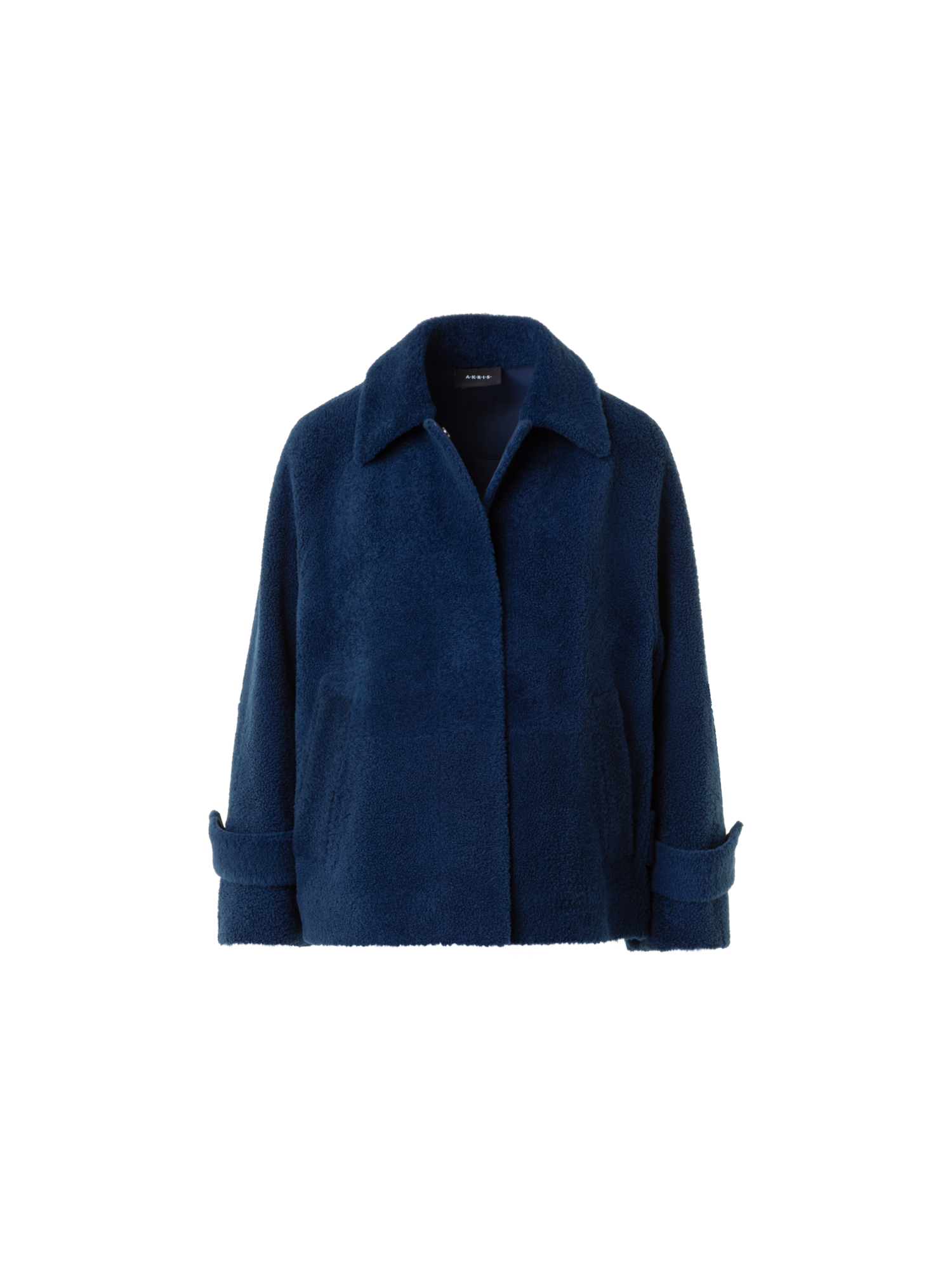 Designer Short A-Line Shearling Jacket - neutral - navy - blue